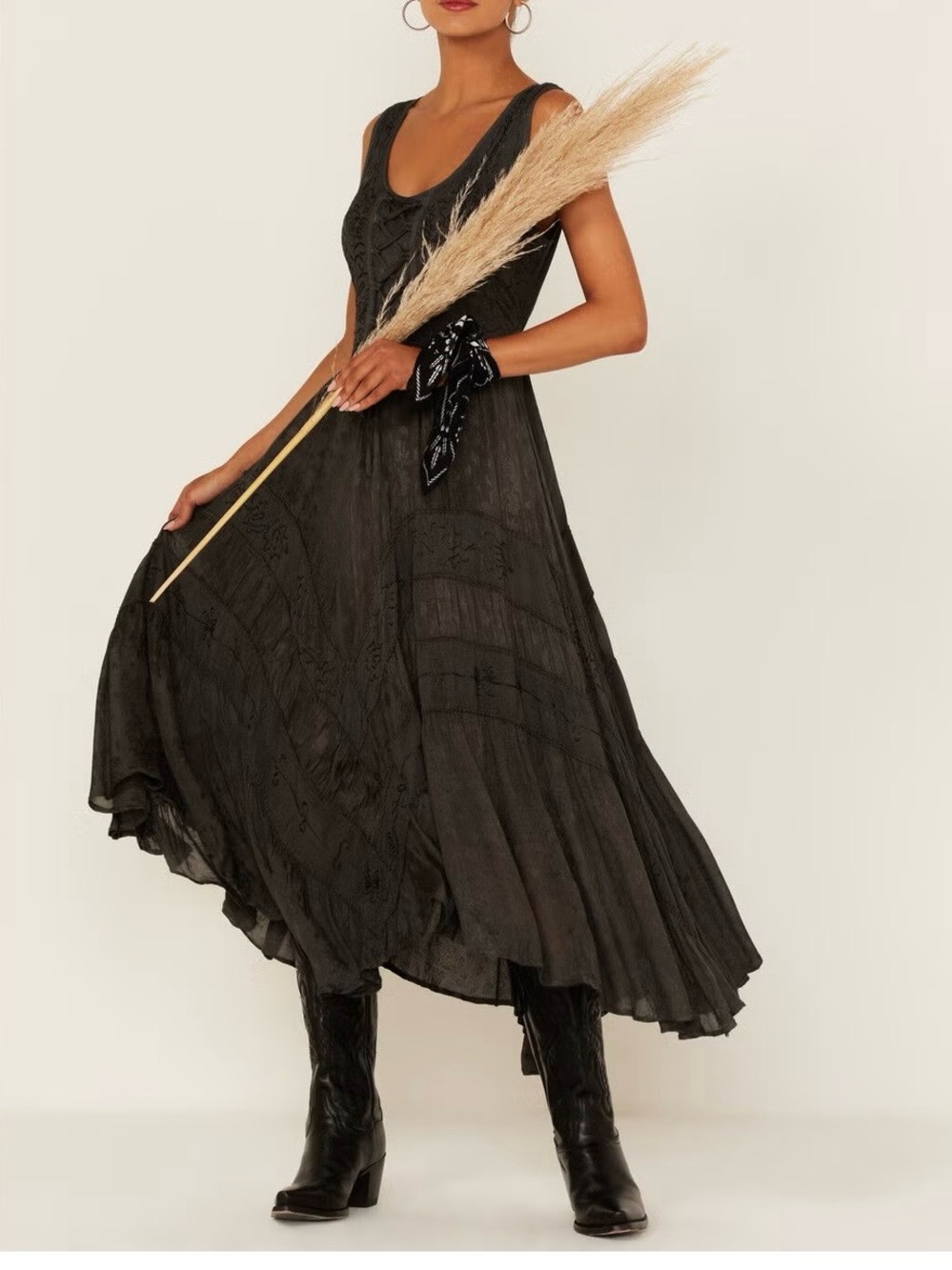 SCULLY Western Boho Stevie Lace-Up Corset Gunmetal Embroidery Smock Back Midi XL